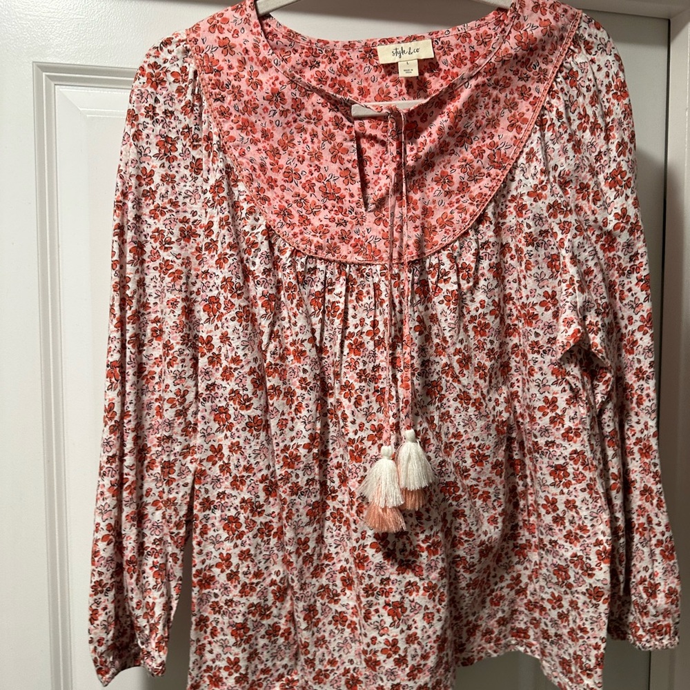 Style & Co. Coral and White Floral Tassel Peasant Blouse